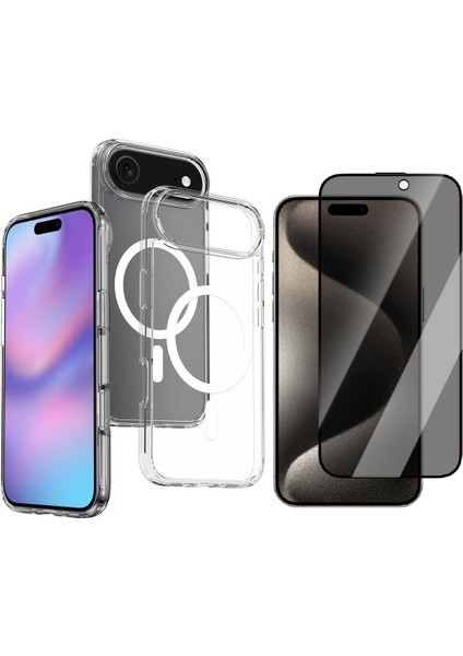 Apple iPhone 17 Air Kılıf M-Safe Şarj Özellikli Şeffaf Sert Pc Zore Embos Kapak + Privacy Hayalet Ekran Koruyucu