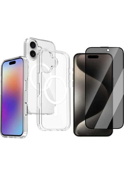 Apple iPhone 17 Kılıf M-Safe Şarj Özellikli Şeffaf Sert Pc Zore Embos Kapak + Privacy Hayalet Ekran Koruyucu