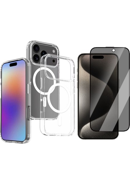 Apple iPhone 17 Pro Kılıf M-Safe Şarj Özellikli Şeffaf Sert Pc Zore Embos Kapak + Privacy Hayalet Ekran Koruyucu