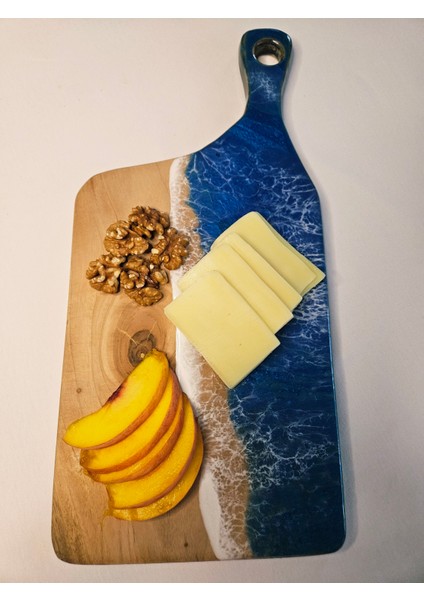 Doğal Ceviz Ağacından Özel Tasarım Epoksi Sunumluk & Mavi -Beyaz