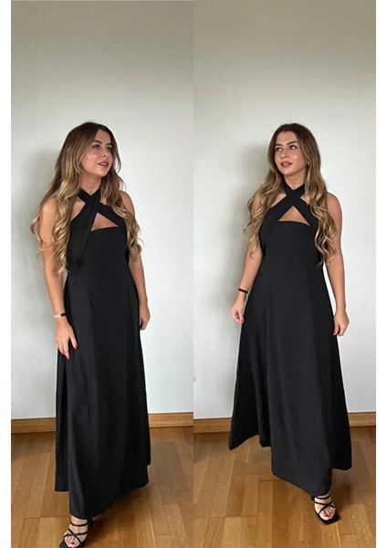 Yeni Sezon Boyun Bağlamalı Sırt Dekolte Detaylı Kaliteli Şık Siyah Elbise modelleri