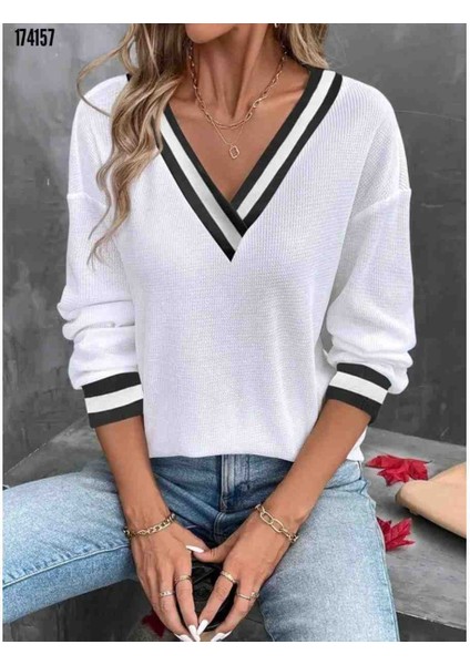 Kadın Uzun Kollu V Yakalı Waffle Bluz, Kırmızı Gül Figürlü Kolye Hediye