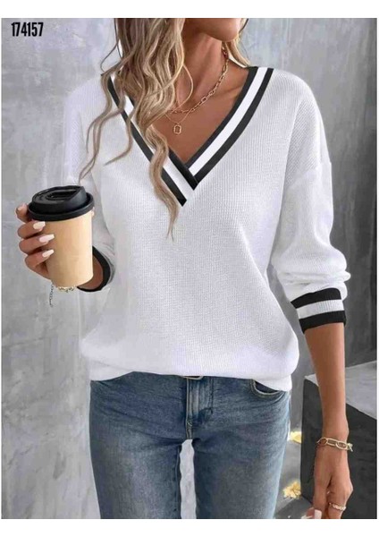 Kadın Uzun Kollu V Yakalı Waffle Bluz, Kırmızı Gül Figürlü Kolye Hediye fırsatları