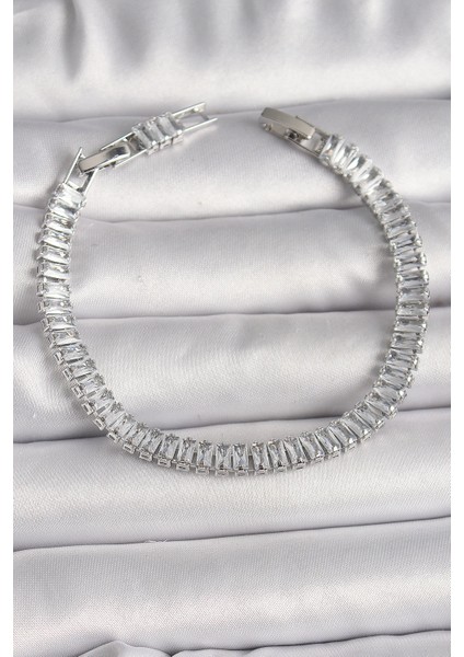 Bfs Pirinç Gümüş Renk Zirkon Taşlı Su Yolu Model Kadın Bileklik