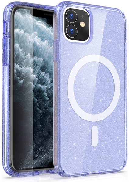 Apple iPhone 11 Kılıf M-Safe Şarj Özellikli Parlayan Simli Saydam Renkli Allstar Kapak