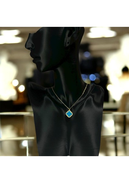 925 Ayar Gümüş Altın Kaplama Gökyüzü Yoncası Van Cleef Zirkon Taşlı Kolye Kadın