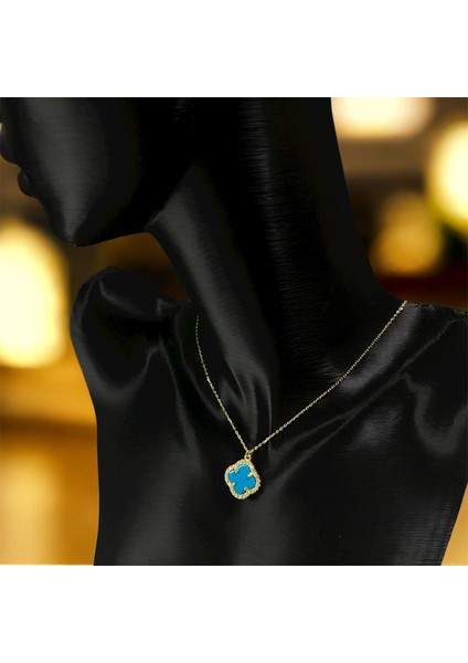 925 Ayar Gümüş Altın Kaplama Gökyüzü Yoncası Van Cleef Zirkon Taşlı Kolye Kadın fiyatları