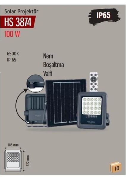 Helıos HS-3874 100W Solar LED Projektör – 6500K Beyaz Işık, Güneş Enerjili, Su Geçirmez