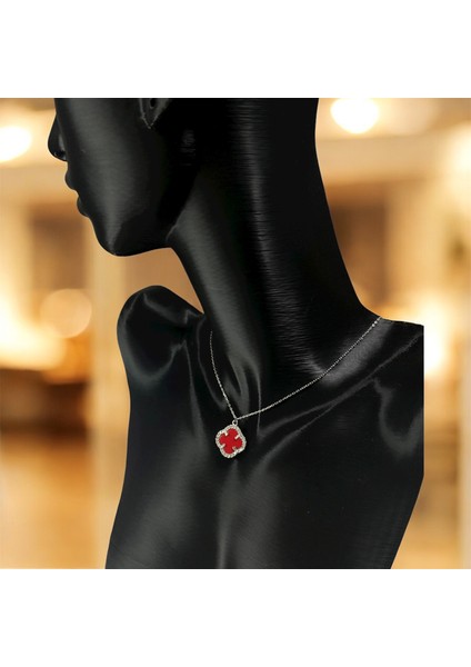 925 Ayar Gümüş Kırmızı Taşlı Şans Yoncası Van Cleef Zirkon Taşlı Kolye Kadın fiyatları