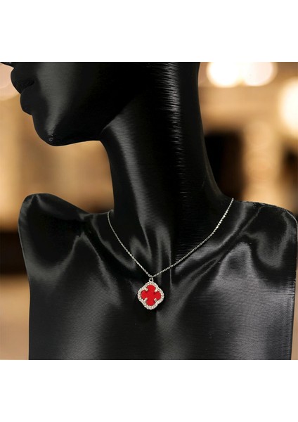 925 Ayar Gümüş Kırmızı Taşlı Şans Yoncası Van Cleef Zirkon Taşlı Kolye Kadın modelleri