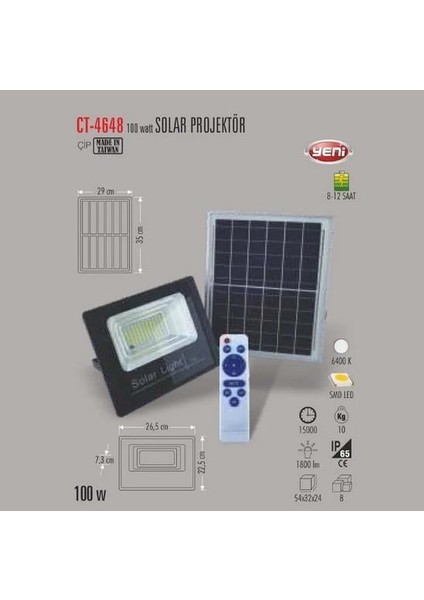 120W Solar LED Sokak Prjektör CT-4648 Beyaz Işık fiyatları