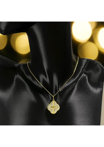 925 Ayar Gümüş Altın Kaplama Love Yazılı Yonca Van Cleef Kadın Kolye modelleri