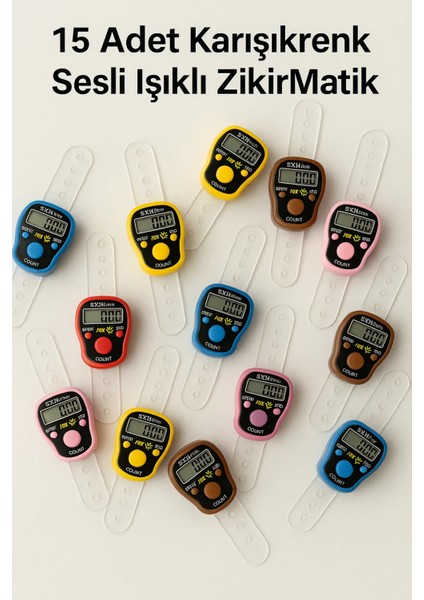 15 Adet - Işıklı Sesli Zikirmatik – Dijital Yüzük Tesbih Sayaç – 100 Sayımda Alarm Özellikli