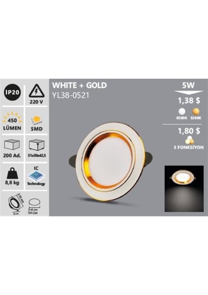 YL38-0521 Noas 5W Beyaz Işık Whıte+Gold LED Spot Beyaz
