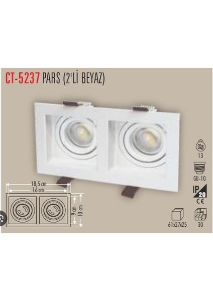 CT-5237 Pars Kare Dekoratif Ikili Spot Beyaz