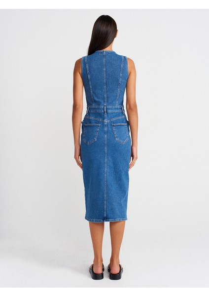 90561 V Yaka Likralı Denim Elbise-Mavi