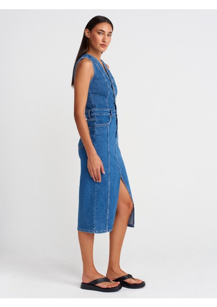 90561 V Yaka Likralı Denim Elbise-Mavi modelleri