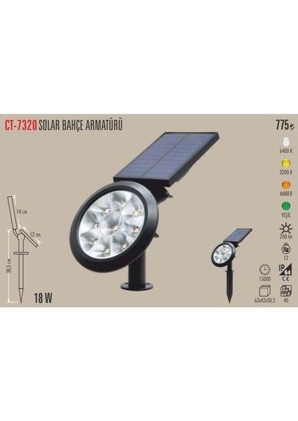 CT-7320 18W Yeşil Solar Çim Armatürü – Güneş Enerjili, Yeşil Işık, Su Geçirmez