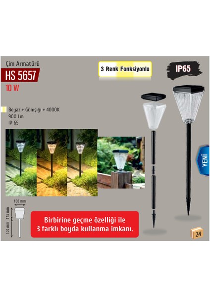 Helıos 10W 3renk (BEYAZ+4000K+GÜNIŞIĞI) Kazıklı Solar Bahçe Armatur HS-5657