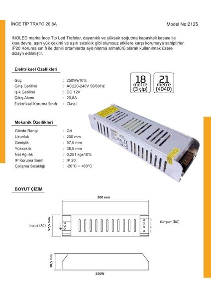 Inoled 20,8 Amper 12V LED Trafosu 250 Watt İNO-2125 fiyatları