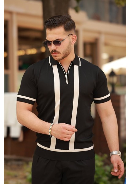 Erkek Fermuar Yakalı Şerit Detaylı Kısa Kollu Tişört