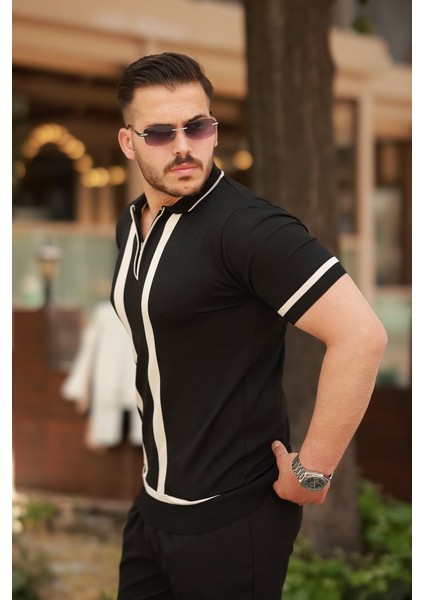 Erkek Fermuar Yakalı Şerit Detaylı Kısa Kollu Tişört fiyatları