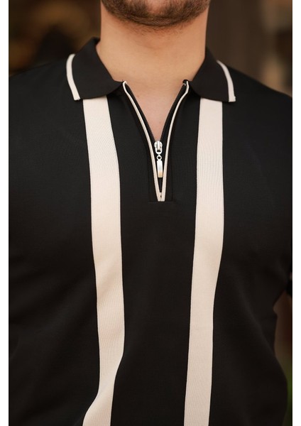 Erkek Fermuar Yakalı Şerit Detaylı Kısa Kollu Tişört modelleri