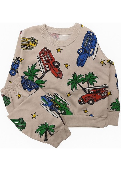Erkek Çocuk Pamuklu Bej Rengi Araba Palmiye Desenli Uzun Kollu Mevsimlik Pijama Takımı