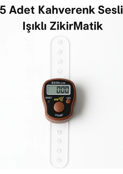 5 Adet Kahverenk Sesli Işıklı Dijital Zikirmatik – Yüzük Tesbih Sayaç – 100’DE Alarm Özellikli