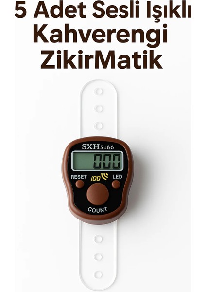 5 Adet Kahverengi Sesli Işıklı Dijital Zikirmatik – Yüzük Tesbih Sayaç – 100’DE Alarm Özellikli