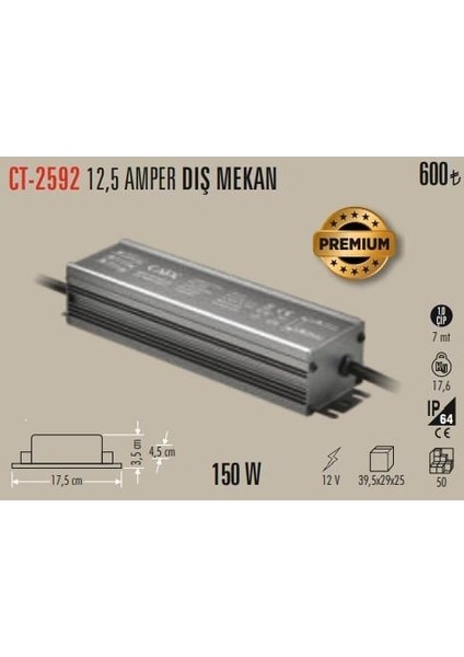 CT-2592 12V 12,5A 150W Dış Mekan IP64 LED Trafo