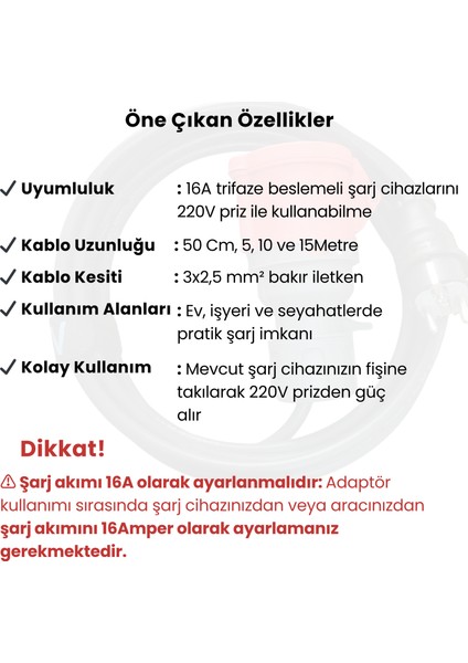 11kW Elektrikli Araç Şarj Cihazı için 50Cm Monofaze Fişli Dönüştürücü Adaptör