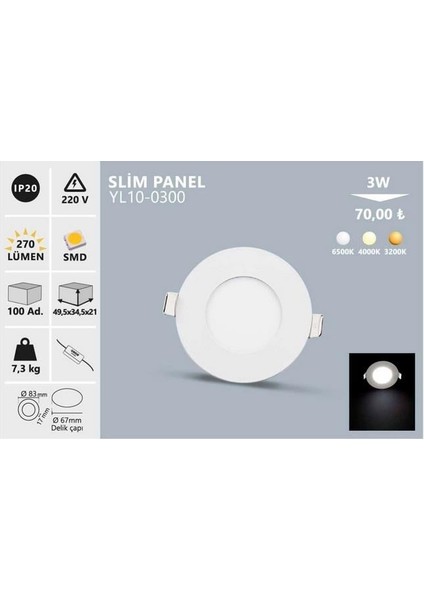 3W Günışığı Sıva Altı Yuvarlak Slım LED Panel YL10-0301
