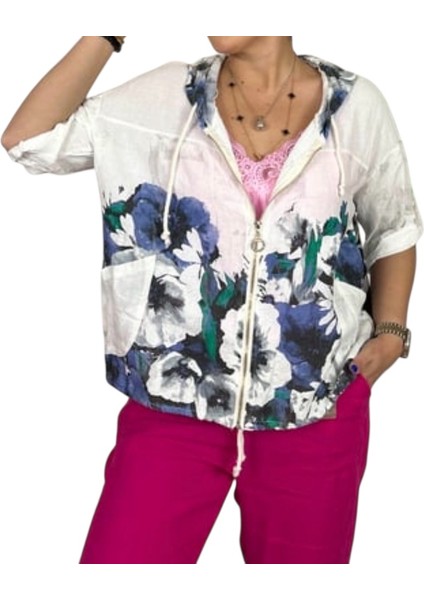 Çiçek Desenli Fermuarlı Kopşonlu Ceket