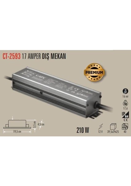CT-2593 12V 17A 210W Dış Mekan IP64 LED Trafo
