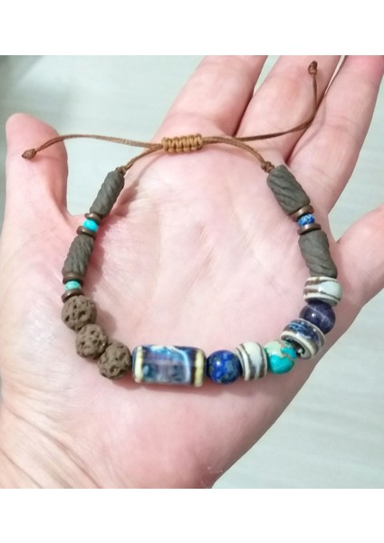 Lapis Lazuli Ametist Varisit Hematit Doğaltaşlı Seramik ve Toprak Boncuklu Unisex Bileklik