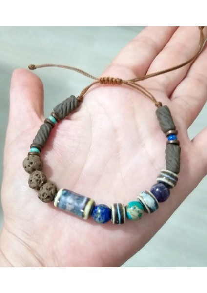 Lapis Lazuli Ametist Varisit Hematit Doğaltaşlı Seramik ve Toprak Boncuklu Unisex Bileklik