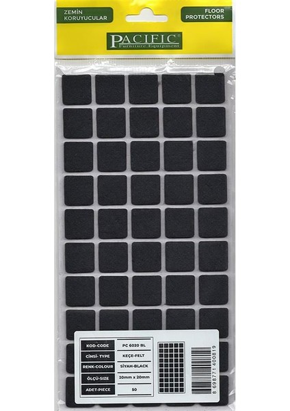 Pacific 6020 Bl Yapışkanlı Keçe 20 mm x 20 mm Siyah
