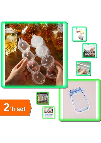 Küresel Buz Kalıbı + Şık Saklama Poşeti 620 ml - 2'li Set D3E4F