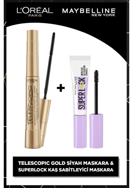 L'oreal Paris Telescopic Gold Maskara - Siyah & Super Lock Brow Glue Kaş Sabitleyici Maskara - Şeffaf
