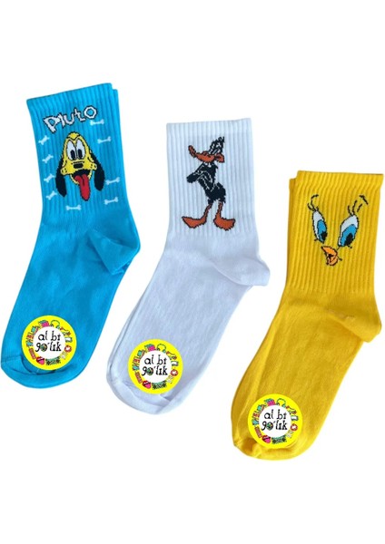 Al Bi 90Lık 3'lü Kolej Çorap Daffy Duck,tweety ve Pluto Köpek
