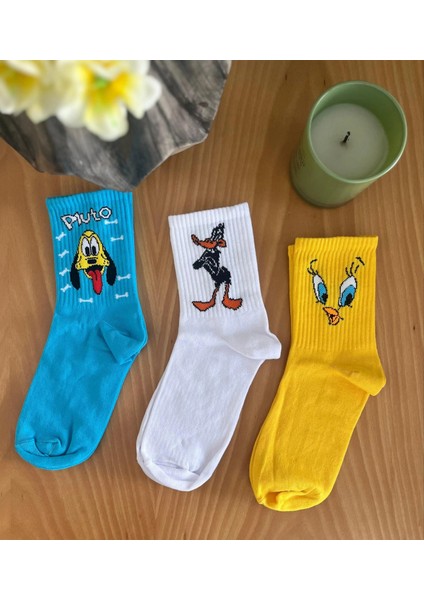 Al Bi 90Lık 3'lü Kolej Çorap Daffy Duck,tweety ve Pluto Köpek modelleri