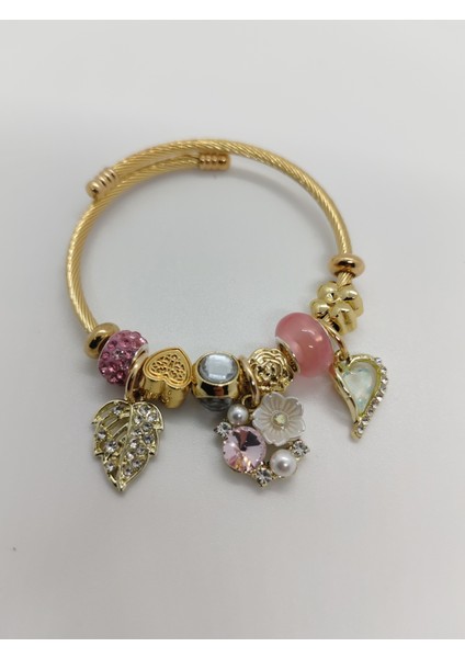 Charm Çelik Bileklik Gold Pembe Yapraklı