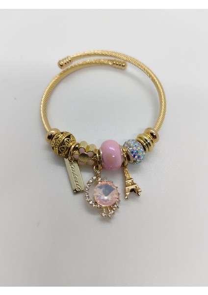 Charm Çelik Bileklik Gold Pembe Taşlı