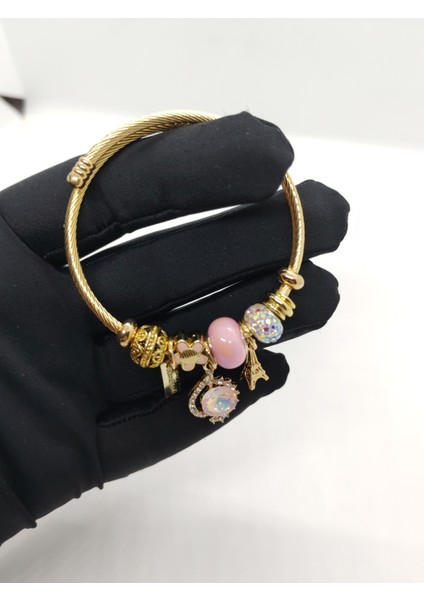 Charm Çelik Bileklik Gold Pembe Taşlı fiyatları