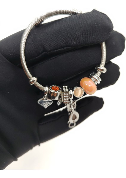 Charm Çelik Bileklik Silver Kalpli Somon
