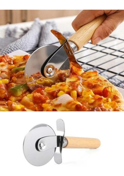 Ahşap Saplı Çelik Bıçaklı Lüx Pizza Kesici Pizza Hamur Dilimleyici Kesici Büyük Boy