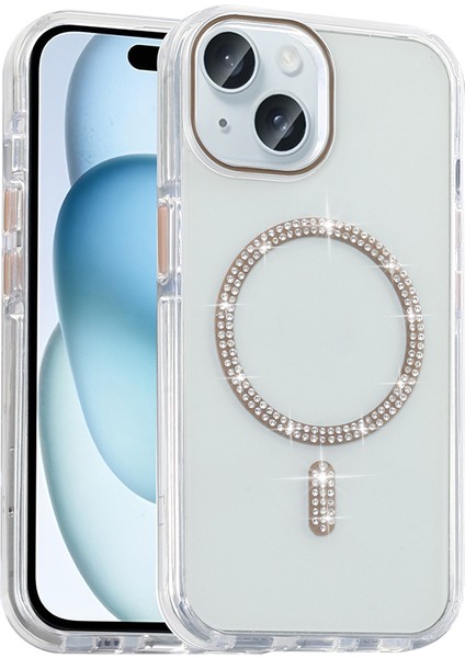 Apple iPhone 15 Kılıf Taşlı Tasarım M-Safe Şarj Özellikli Koment Silikon Kapak