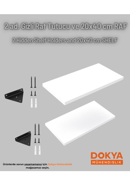 2'li Siyah Gizli Duvar Rafı Askı Aparatı ve 20X40 cm Beyaz Mdf