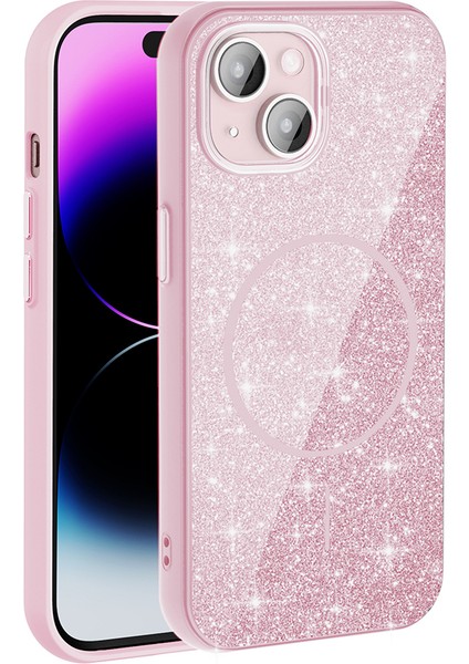 Apple iPhone 15 Kılıf M-Safe Şarj Özellikli Parlayan Simli Okso Kapak